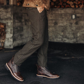 fit model showing off cuffs on The Carnegie Pant in Army Herringbone Wool