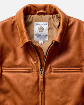 fit model showing the zip sleeves on The Moto Jacket, Outerwear by Taylor Stitch