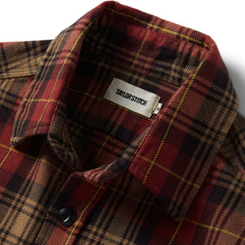 material shot of the collar on The Moto Utility Shirt in Cardinal Plaid