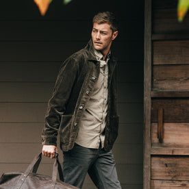 fit model walking in The Ojai Jacket in Army Cord