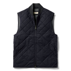 flatlay of The Quilted Bomber Vest in Navy Dry Wax