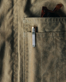 material shot of The Pen in Brass in a pocket, Accessories by Taylor Stitch