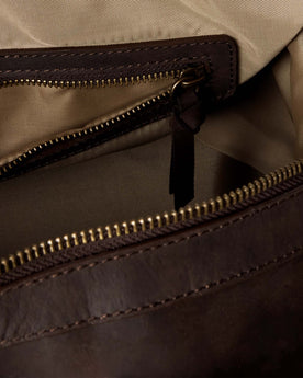 material shot of the interior zipper pocket in The Weekender Duffle Bag in Espresso, Accessories by Taylor Stitch