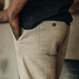 fit model showing the back of The Apres Pant in Natural Sashiko 
