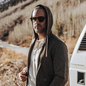 our fit model wearing The Après Hoodie in Olive Hemp Donegal