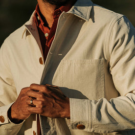 our fit model wearing The Ojai Jacket in Natural Reverse Sateen