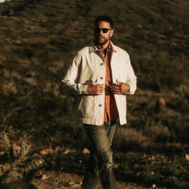 our fit model wearing The Ojai Jacket in Natural Reverse Sateen