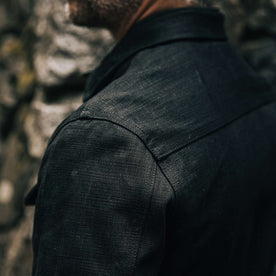 our fit model wearing The Long Haul Jacket in Black Selvage