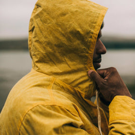 our fit model wearing The Winslow Parka in Mustard Waxed Canvas