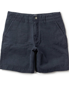flatlay of The Morse Short in Navy Slub Linen, Shorts by Taylor Stitch