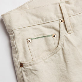material shot of right pocket of The Slim Jean in Natural Organic Selvage