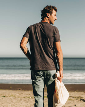 our fit model wearing The Standard Issue Tee in Charcoal Hemp—back shot, Knits by Taylor Stitch