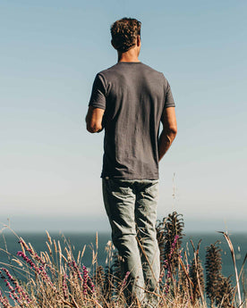 our fit model wearing The Standard Issue Tee in Navy Hemp—back shot, Knits by Taylor Stitch