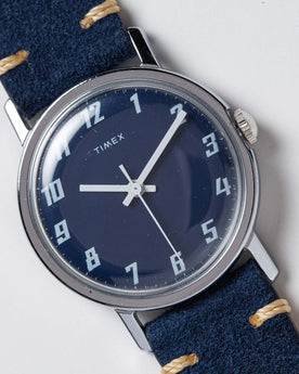 flatlay of 1976 Timex Mercury Blue, shown close up, Accessories by Taylor Stitch