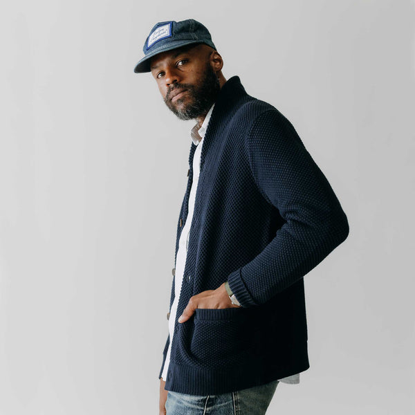 fit model rocking the The Crawford Sweater in Navy