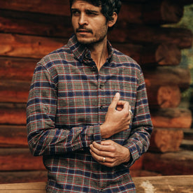 fit model wearing The Jack in Brushed Grey Plaid, looking left
