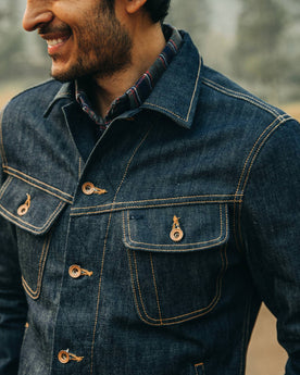The Long Haul Jacket in Cone Mills Reserve Selvage, smiling, shot of chest detail, Outerwear by Taylor Stitch