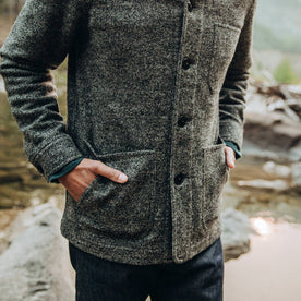 our fit model wearing The Ojai Jacket in Charcoal Wool—cropped shot shoulders down