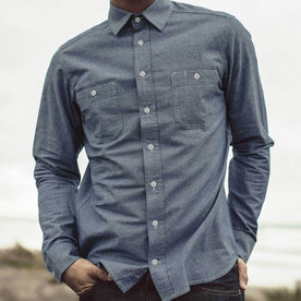 Our fit model wearing the The California in Blue Everyday Chambray