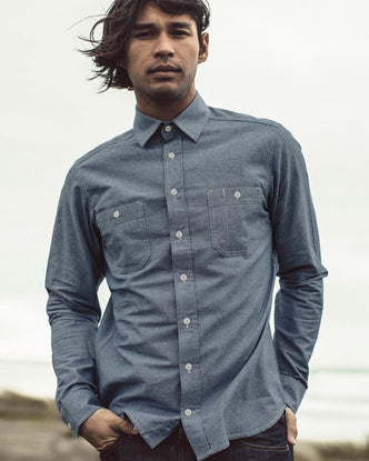 Our fit model wearing the The California in Blue Everyday Chambray