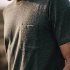 Our fit model wearing The Heavy Bag Tee in Heather Grey from Taylor Stitch.