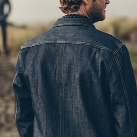 Our fit model wearing The Long Haul Jacket in Organic '68 Selvage.