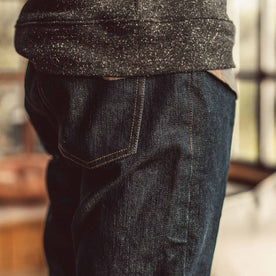 Our fit model wearing The Slim Jean in Organic Stretch Selvage.