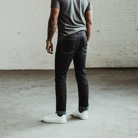 our fit model wearing The Slim Jean in Yamaashi Orimono Recover Selvage