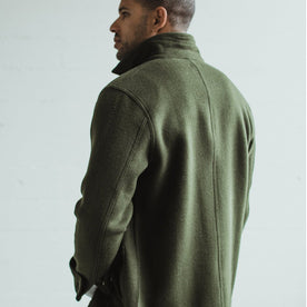 Our fit model wearing The Ojai Jacket in Olive Wool