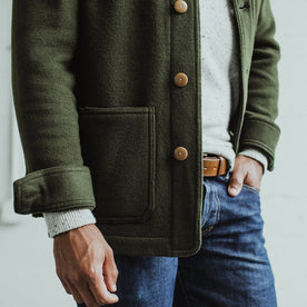 Our fit model wearing The Ojai Jacket in Olive Wool