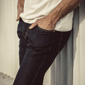 Our fit model wearing The Slim Jean in Sol Selvage Denim.