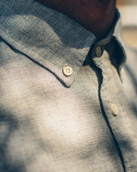 The fit model showing close up of the jack collar, Wovens by Taylor Stitch