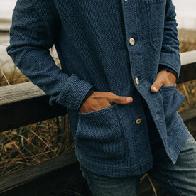 fit model wearing The Ojai Jacket in Washed Indigo Sashiko with his hands in his pockets