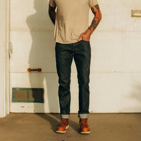fit model standing in The Slim Jean in Natural Indigo Selvage