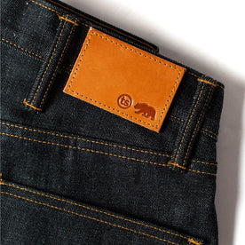 material shot of the leather patch on The Slim Jean in Natural Indigo Selvage