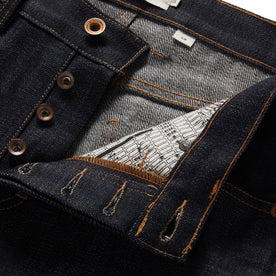 material shot of the button fly on The Slim Jean in Kuroki Welterweight Slub