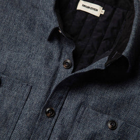 material shot of The Lined Utility Shirt in Indigo and Slate Twill front collar and lining