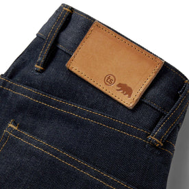 material shot of the back logo patch on The Democratic Jean in Cone Mills Cordura Denim