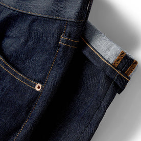 material shot of the pocket and cuff detailing on The Slim Jean in Cone Mills Cordura Denim
