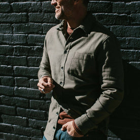 our fit model wearing The Mechanic Shirt in Olive Reverse Sateen