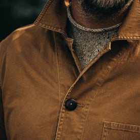 our fit model wearing The Ojai Jacket in Tobacco—cropped shot of chest