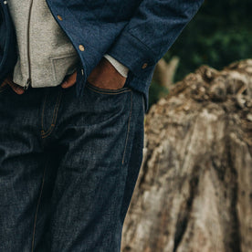 fit model wearing The Democratic Jean in Cone Mills Reserve Selvage, hand in pocket
