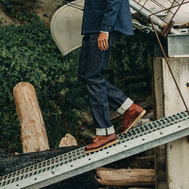 fit model wearing The Democratic Jean in Cone Mills Reserve Selvage, bottom half of body shot