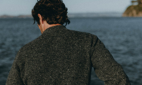 fit model posing in wool sweater