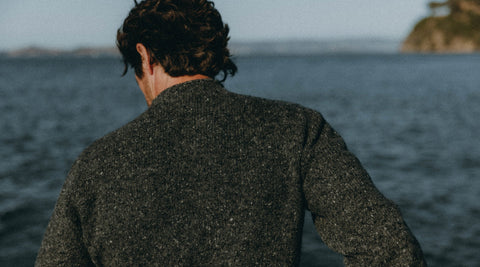 fit model posing in wool sweater