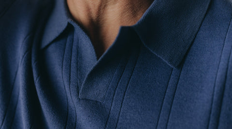 editorial image of The Valencia Polo in Heather Clear Blue Rib