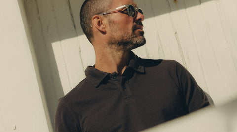 Model wearing The Cotton Hemp Polo in Washed Asphalt
