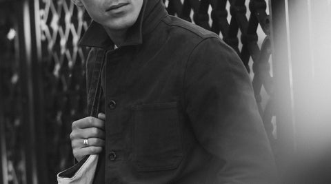 fit model posing in The Ojai Jacket in French Blue Moleskin