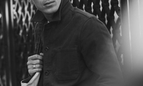 fit model posing in The Ojai Jacket in French Blue Moleskin