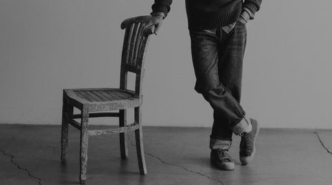 fit model posing in The Straight Jean in Mid Wash Organic Selvedge